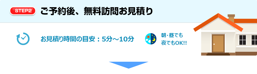 【STEP2】ご予約後、無料訪問お見積り お見積り時間の目安：5分～10分 朝・昼でも夜でもOK!!